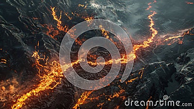 From above a river of fire ss its way through a valley the intense heat creating a hallucinatory effect on the Stock Photo