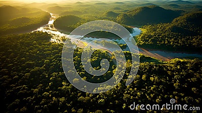 From above, serpentine course of a mighty river through a jungle. Generative AI Stock Photo