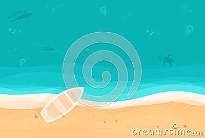 From above summer holiday background with boat on the tropical island sandy beach. Top view vector illustration. Vector Illustration