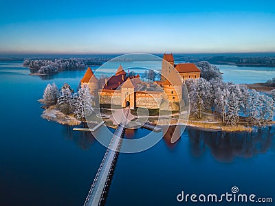 Above Trakai castle at winter, aerial Stock Photo