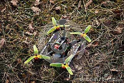 Above view of a static drone in the grass Stock Photo