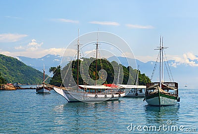 Abraao Beach boat near island Ilha Grande, Rio de Janeiro, Brazil Stock Photo