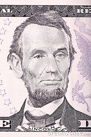 Abraham Lincoln portrait from five dollars bill. Stock Photo