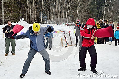 Abramtsevo, Moscow region, Russia, March, 13. 2016. People taking part in celebration of Bakshevskaya Shrovetide. Fighting blindfo Editorial Stock Photo