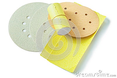 Abrasive discs and sheets of paper isolated on white Stock Photo