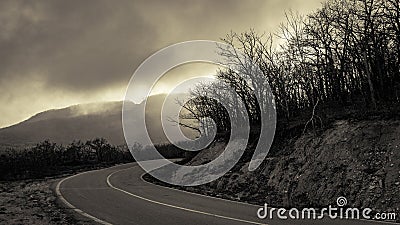 Abrupt turn of mountain road among the bare autumn wood Stock Photo