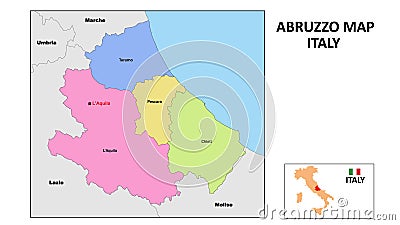 Abruzzo Map. State and district map of Abruzzo. Political map of Abruzzo with neighboring countries and borders Vector Illustration