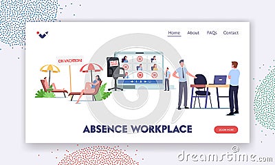 Absence Workplace Landing Page Template. Upset Company Boss Character Stand at Empty Desk in Office, Employees Relaxing Vector Illustration