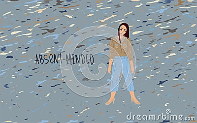 Absent-minded. Psychology term caption, symptom of poor mental state. Upset woman. Gray background with a pattern Vector Illustration