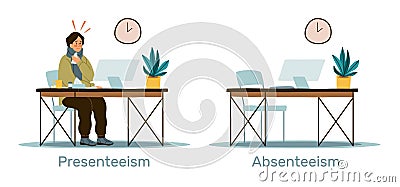 Absenteeism and presenteeism in workplace. Sick and tired man with low productivity and efficiency at work. Overwork Vector Illustration