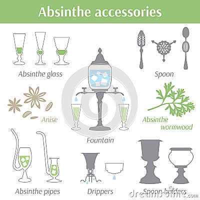Absinthe accessories vector illustration icons set Vector Illustration