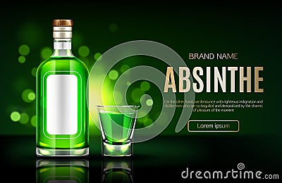 Absinthe bottle and shot glass mock up banner, Vector Illustration