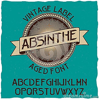 Absinthe label font and sample label design with decoration Vector Illustration