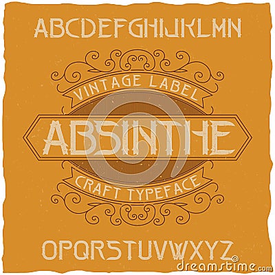 Absinthe label font and sample label design with decoration Vector Illustration