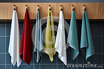 Absorbent Kitchen colorful towels hanging on rack. Generate AI Stock Photo