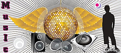 Absract music theme with disco ball & shilloutes Vector Illustration