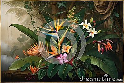 Abstact image of botinical illustration on the 3D rendering circle , creative Cartoon Illustration