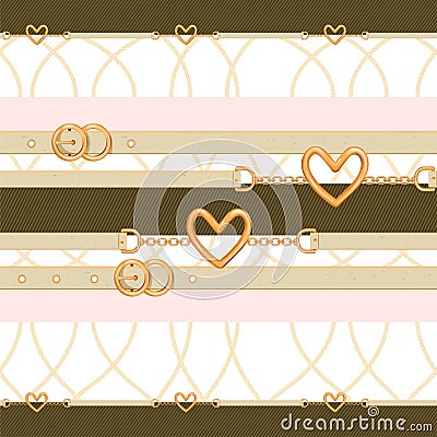 Abstarct seamless pattern with gold chains; belts and heart. Vector Illustration