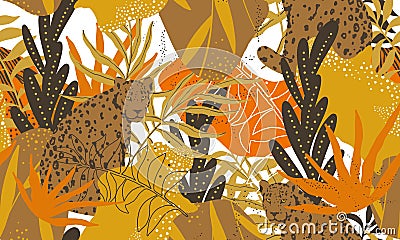 Abstarct seamless pattern with leaves, leopard. Jungle endless texture. Print for fabric, wallpaper, cover. Modern Vector Illustration