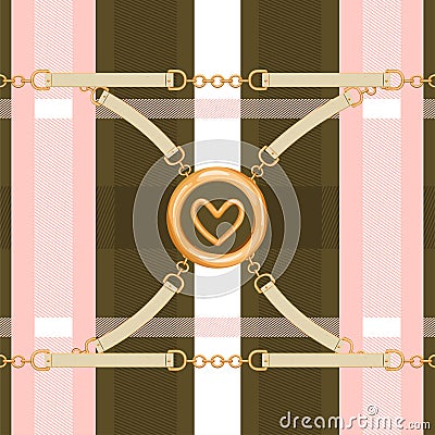 Abstarct seamless pattern with trendy checkered print, gold chain, heart pendant and belts. Vector Illustration
