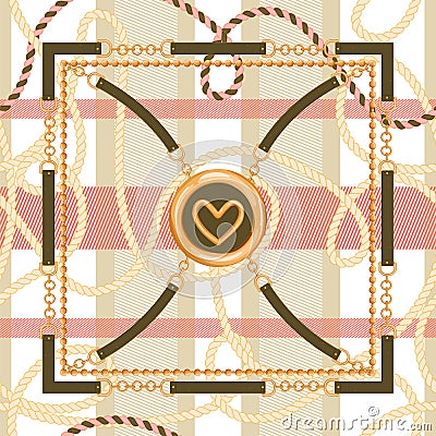 Abstarct seamless pattern with trendy checkered print, gold chain, rope, heart pendant and belts. Vector Illustration