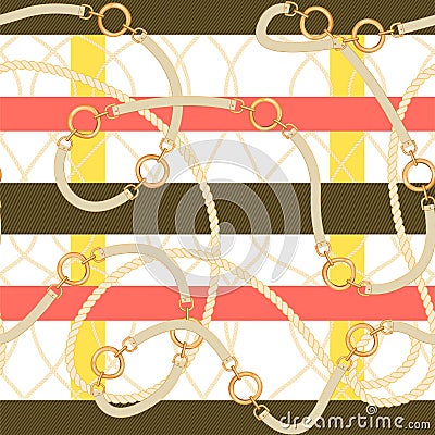 Abstarct seamless pattern with trendy checkered print, gold chains, rope and belts. Vector Illustration