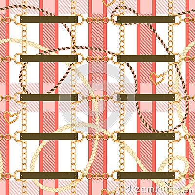 Abstarct seamless pattern with trendy checkered print, golden chains, rope, heart pendant and belts. Vector Illustration