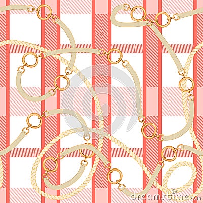 Abstarct seamless pattern with trendy checkered print, rope and belts. Vector Illustration