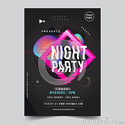 Black Night abstract glitch party music night poster template. Vector Illustration