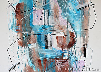 Fragment Art Abstract Modern watercolor on canvas in blue and terracotta colors. Stock Photo