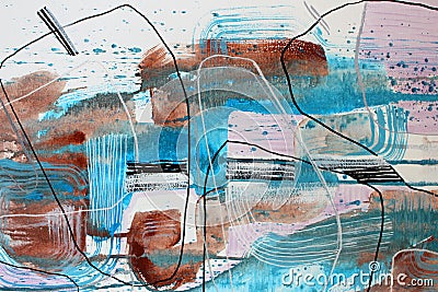 Fragment Art Abstract Modern watercolor on canvas in blue and terracotta colors. Stock Photo