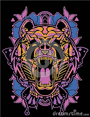 Purple pink Panda robot warrior head with sacred geometry background for poster and tshirt Stock Photo