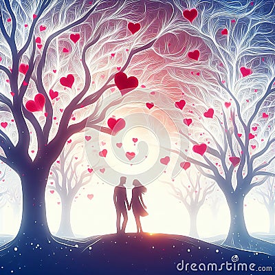 Couple Silhouette in Love, Heart-Leafed Trees. Generative ai for illustrations Cartoon Illustration