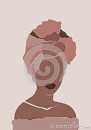 Abstract African woman portrait in minimalistic style. Black women print. Female wall art poster. African model girl of turban Vector Illustration