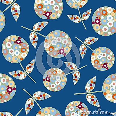 Abstract allium flower seamless vector pattern background. Midcentury modern flowers with circle fill shapes on navy Vector Illustration