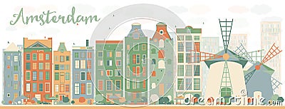 Abstract Amsterdam city skyline with color buildings Cartoon Illustration