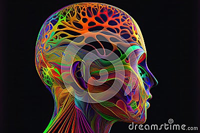 The inner workings of the mind. Colorful 3D human profile. Generative AI Cartoon Illustration