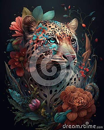 AI generated Abstract animal Tiger Crazy Colorful Art Legend Rare creatures flower floral design Stock Photo