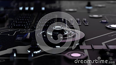 Abstract animation of 3d electronic device, rotating chrome black circles and illuminating neon rings on the system Stock Photo
