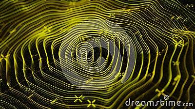 Abstract animation of digital surface map. Animation. Neon gemetric map of oscillating surface with oval markings and Stock Photo