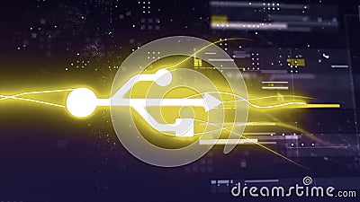 Abstract animation of golden usb flash drive with virus inserting in the laptop and hacking the factory system. Hacking Stock Photo