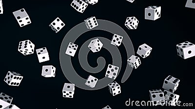 Abstract animation of many dice flying up on the dark background. Animation. Black and white dice loop moving, 3d Stock Photo