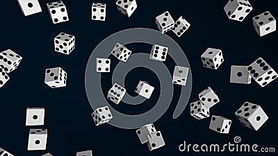 Abstract animation of many dice flying up on the dark background. Animation. Black and white dice loop moving, 3d Stock Photo