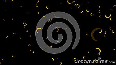 Abstract animation of many golden, crescent moons falling on black background, seamless loop. Small, orange half moons Stock Photo
