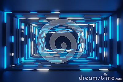 Abstract animation neon blue frame tunnel background 3d rendering Stock Photo