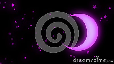 Abstract animation of neon moon and stars shining softly and rotating on the black background. Animation. Beautiful Stock Photo