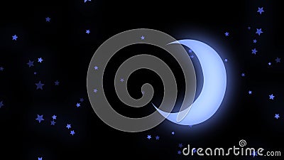 Abstract animation of neon moon and stars shining softly and rotating on the black background. Animation. Beautiful Stock Photo