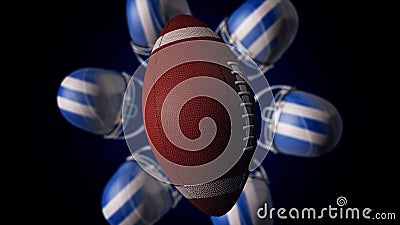 Abstract animation of a rugby ball and blue and white hemlets spinning and making a circle, isolated on black background Stock Photo