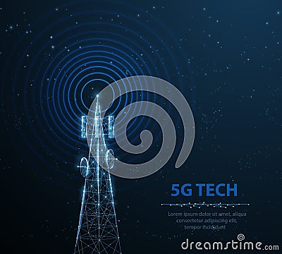 Abstract antenna mast on blue. 5G technology, telecommunication industry Vector Illustration
