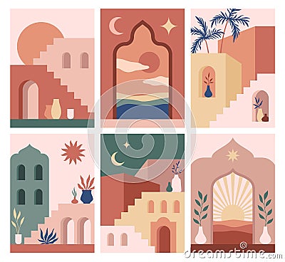 Abstract architecture posters. Simple geometric staircases and eastern arches, moroccan style simple contemporary cards Vector Illustration